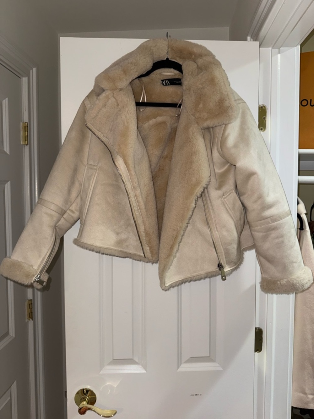 Zara Cream Faux-Shearling Teddy Biker Jacket